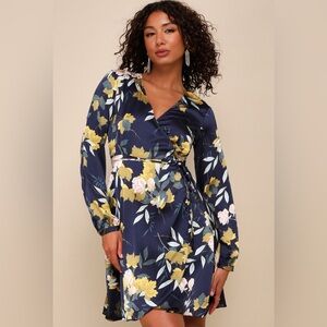 Lulus Satin Floral Wrap Dress